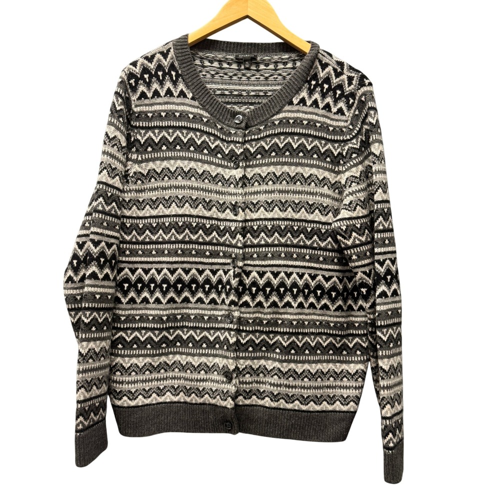 Talbots Cardigan Sweater Womens XL Fair Isle Gray Beaded Button Up Nordic‎